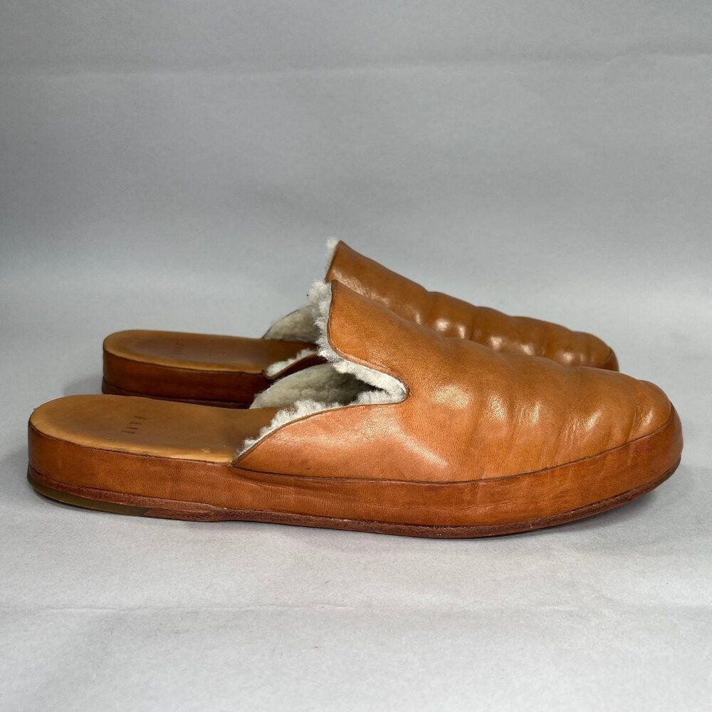 Feit Shoes Women's 10.5 Shearling Lined Brown Leather‎ Classic Slip On Mules